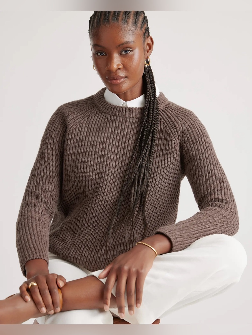 Quince 100% organic cotton Chunky Ribbed Scoopneck Sweater in Taupe Brown small